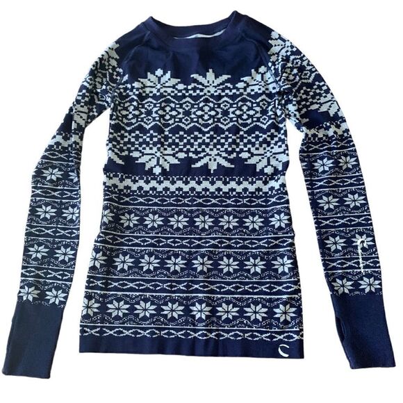 Climawear Nordic Base Layer Navy White Snowflake Stretch Thumbhole Sz S - Picture 1 of 8